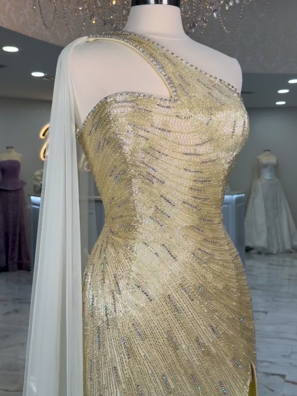 CATWALK COUTURE GOWN ~ Gold One-Shoulder Sequin Evening Gown with Draped Chiffon - Picture 2 of 4